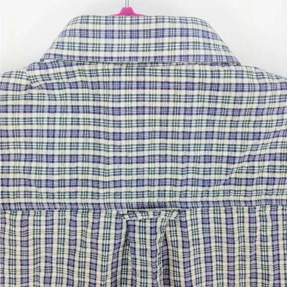Perlis Seersucker Shirt Men's Medium Short Sleeve Button Down Blue Green Stripes - Picture 12 of 13